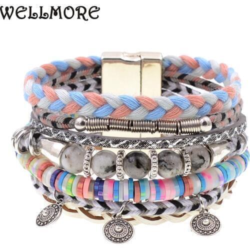 WELLMORE women bracelets leather bracelets natural stone beads beaded bracelets bohemia charm bracelets for women drop shipping