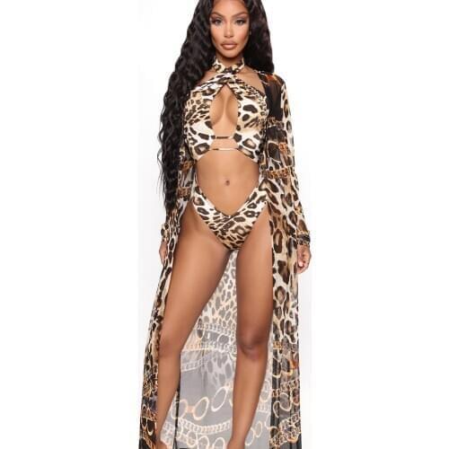 2021 Women Swimwear Sexy Long-Sleeved Two-Piece Swimsuit Female Conjoined At The Leopard Print 0157