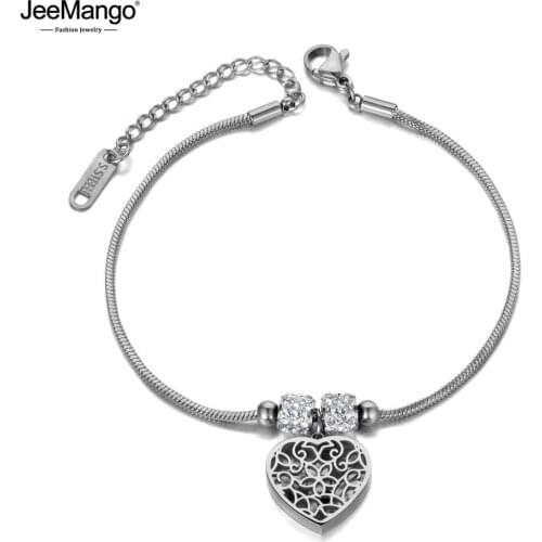 JeeMango Vintage CZ Crystal & Heart Charm Bracelets For Women Stainless Steel Snake Chain Bohemia Beach Bracelet Браслет JB19119