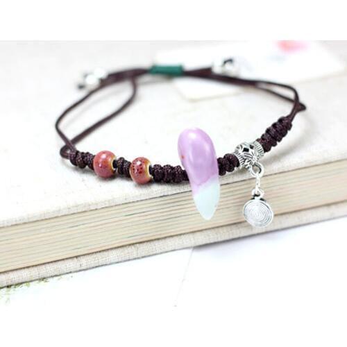 Ceramic Eggplant Beaded Charm Bracelet For Women Silver Color Alloy Round Circle Pendant Bracelets Vintage Bangle Ethnic Jewelry