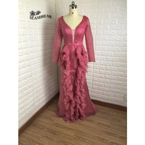 Hot sale robe de soirée abiti da cerimonia da sera beads v neck elegant long sleeves evening dresses made in china XD-113