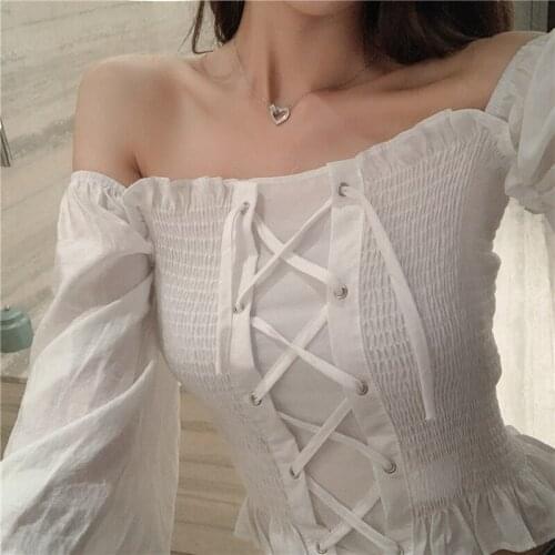 2020 Vintage sweet foreign style shirt aging one shoulder waist womens blouse small blouse