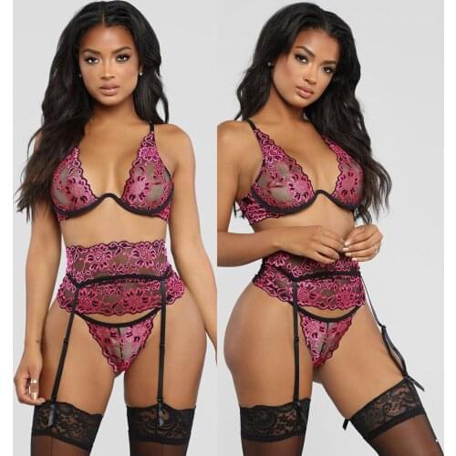 2021 European and American Sexy Underwear Perspective Sexy Temptation Suit Thin Bra Lace Three-point Garter Set