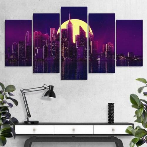 5 Pieces Wall Art Canvas Painting Landscape Poster Night City Skyscrapers For Home Decoration Pictures Modular Framework