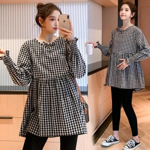 9515# Maternity Dress Spring Autumn Cotton Long Sleeve Bow Collar Loose Stylish Dress for Pregnant Women Mom Dress
