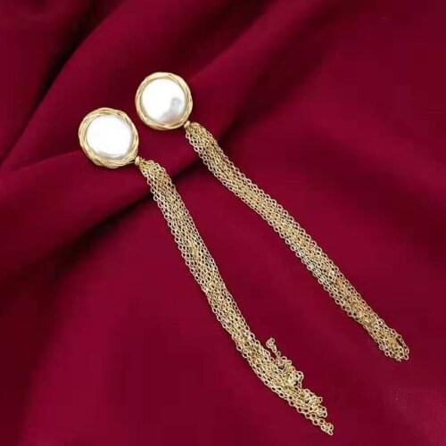 Free shipping 2021 long tassel women party jewelry flat coin shape 12-13mm genuine freshwater pearl baroque earring