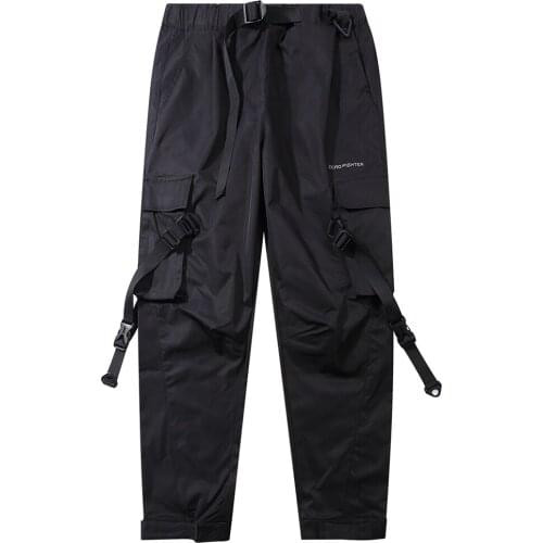 Cargo Pants Men Pcoket Hip Hop Streetwear Harajuku Harem Joggers Ribbon Swag Trousers Fashion Punk Swaetpants Black Full Length