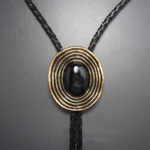 Black Obsidian Mens BOLO Tie Wedding Necklace Genuine Leather Rope Vintage Western Cowboy