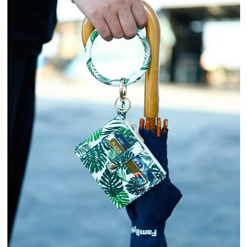 Women Girls Round Bangle Key Ring Tassel PU Leather Wristlet Keychain Bracelet Card Holder Wallet Pendant