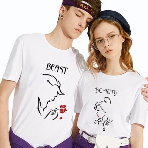 Unisex Top Tee Soft Fashion Couple Matching Tshirt Beast Men Rose Beauty Lover T-shirts Women Lovers T-shirt