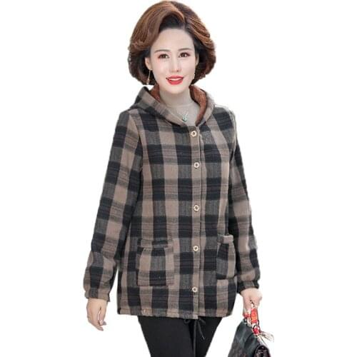 Middle-aged and Elderly Womens Cotton Coat Autumn Winter Plus Thick Velvet Warm Jacket Single Breasted Hooded Outwear Parkers