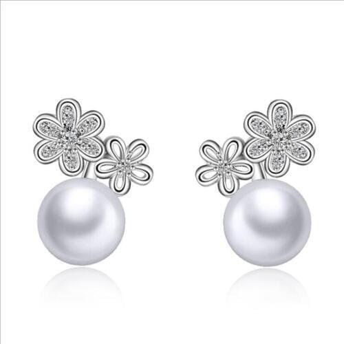 KOFSAC New 925 Pure Silver Stud Earring Shiny CZ Sweet Cute Flower Pearl Earrings For Women Fine Jewelry Valentines Day Gifts