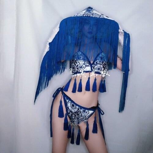 New Pole Dance Clothes For Women Adult Sexy Blue Fringe Bikini Suit Nightclub Dj Ds Stage Performance Clothes Tassel Hat DWY6030