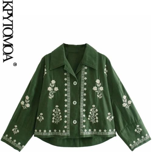 KPYTOMOA Women 2021 Fashion Floral Embroidery Loose Linen Blouses Vintage Long Sleeve Button-up Female Shirts Blusas Chic Tops
