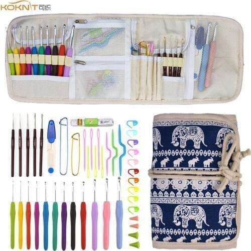 KOKNIT Crochet Hooks Set 12pcs Extra Long 2.0-8.0mm Soft Handle Crochet Needles 5pcs Lace Needles Knitting Needles Set With Bag