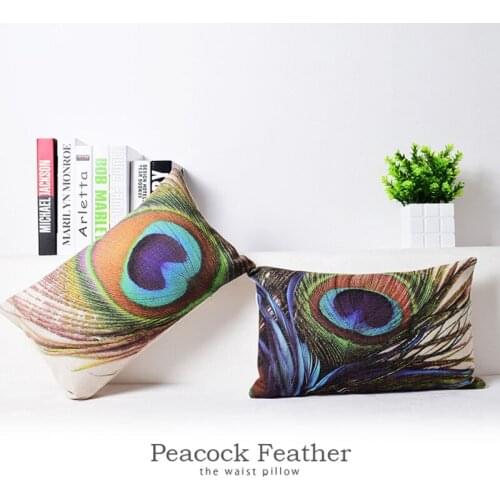 30*50cm Beautiful Peacock Feather Cushion Cover Rectangle Throw Pillows Linen Lumbar Pillow Covers Waist Sofa Decorative Cover