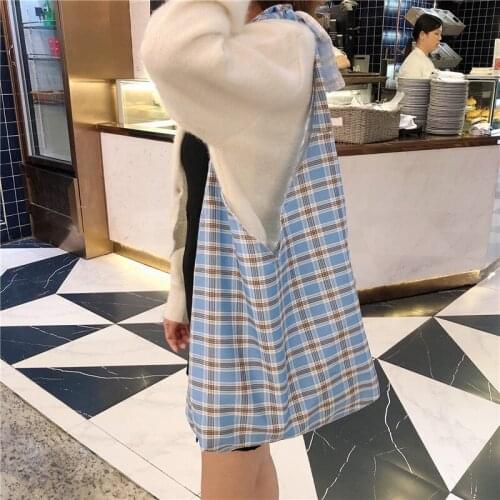 Raged Sheep New Korean Version Japanese Plaid Single Shoulder Bags Bow Canvas Handbag Student Large Capacity Grocery Bags Casual