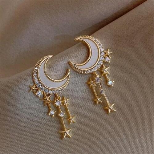 New Trend Crystal Star Moon Earrings for Women Wedding Gold Tassel Earrings Female Jewelry Accessories