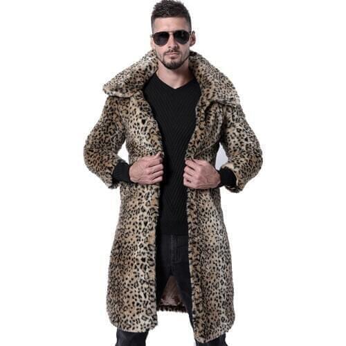 Autumn Winter Mens Faux Fur Leopard Solid Color Overcoat Thick Warm Lapel Outwear B7