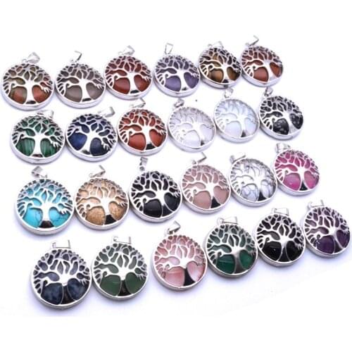 Tree of life Natural Stone Pink Quartz Crystal Tiger Eye Opal Turquoise Charms Pendant DIY Jewelry Making Necklace Accessories