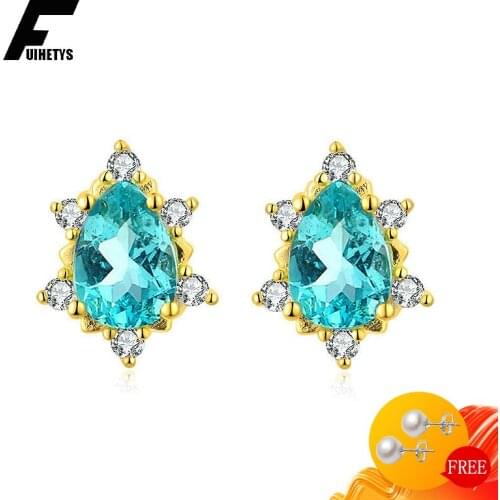 Bali Jelry Trendy Women Earrings Silver 925 Jewerly Water Drop Shape Emerald Zircon Gemstone Gold Color Stud Earring for Wedding