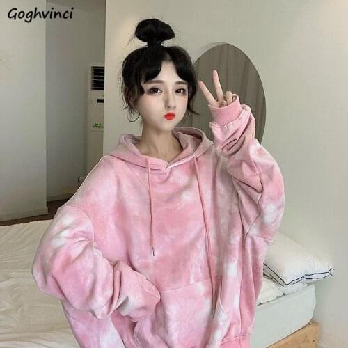 With Hat Hoodies Women Stylish Tie-dyed Loose Harajuku BF Front-pocket Sweatshirts Student Drawstring Printed Casual Trendy Chic