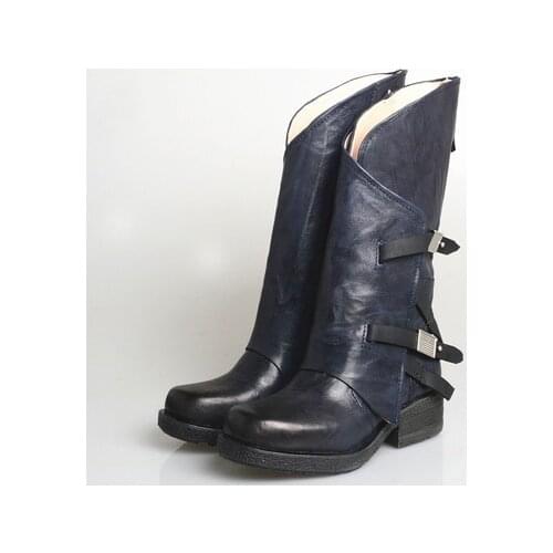 Women Mid-Calf Boots Chunky heels chaussure vintage Genuine leather plus size western cowboy shoes woman zapatos mujer sapato