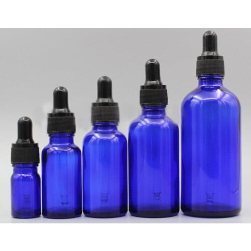 2/10pcs 5ml 10ml 15ml 20ml 30ml 50ml 100ml Empty Blue Glass Essential Oil Dropper Bottle with Black Cover Refillable Container