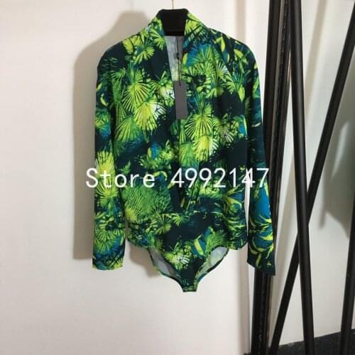 2021 summer women green leaves jungle printed playsuits long sleeve v-neck sexy holiday beach rompers Y642