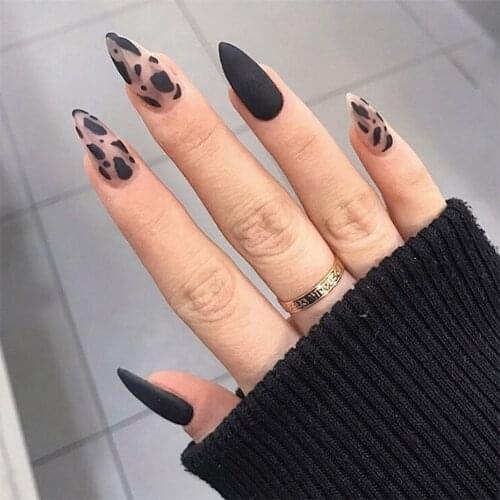 24pcs Leopard Theme Full Cover False Nail Tips 2021 New Style Black Brown Transparent Stiletto French Pearl Fake Nails With Glue