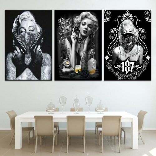 3 panel HD decorative painting tattoo Marilyn Monroe art print black and white pop art poster portrait canvas wall picture