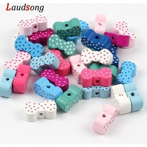 Laudsong 30pcs Multicolour Bowknot Wooden Spacer Beads For Jewelry Making DIY Necklace Bracelet Wood Accessories 10x20mm