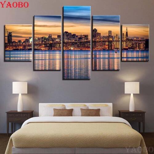 Full Round/Square drills Diamond embroidery 5 Panels City Building Night View 5D DIY Diamond Painting Mosaic Decor Home