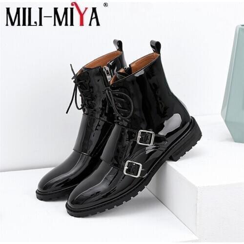 MILI-MIYA Autumn Fashion Riding Boots Women Natural Genuine Leather Thick Heels Ankle Boots Zipper Round Toe Shoes Ladies Black