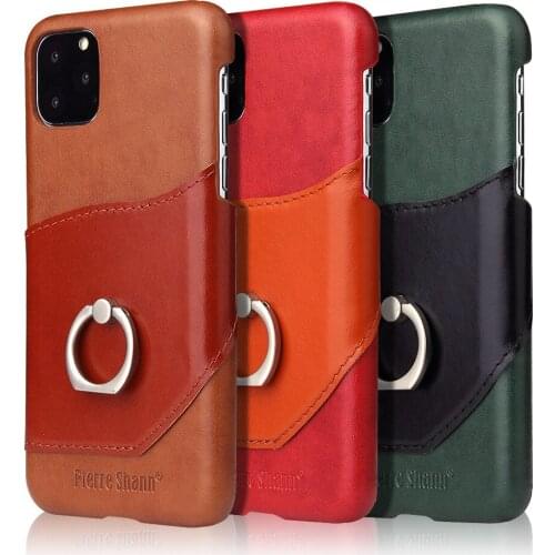 For iPhone 6 6S 7 8 Plus X XR XS 11 12 Pro Max Mini SE Real Genuine Leather Cover Phone Case Metal Ring Finger Holder Kickstand