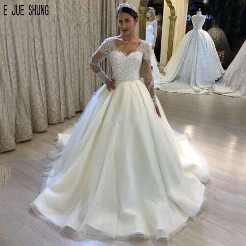 EJUE SHUNG Shiny Princess Wedding Dresses V Neck Long Sleeves Backless With Handmade Crystal Bridal Dresses robe de mariee