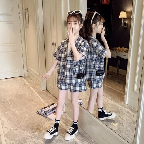 Plaid Short Sleeve Single Breasted Kids Suit 3-15 Years Old Cotton Childrens Clothing New Girls Summer Sets Three Pieces