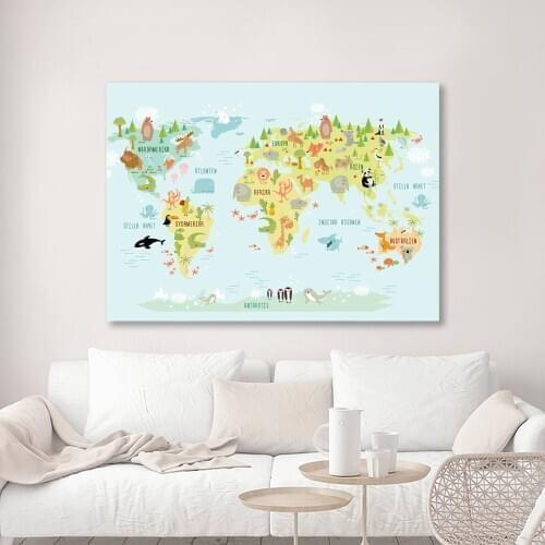 Woodland Animals World Map Posters and Prints for Kids Room Wall Art Nursery Decor Watercolor Map with Animals Canvas Painting