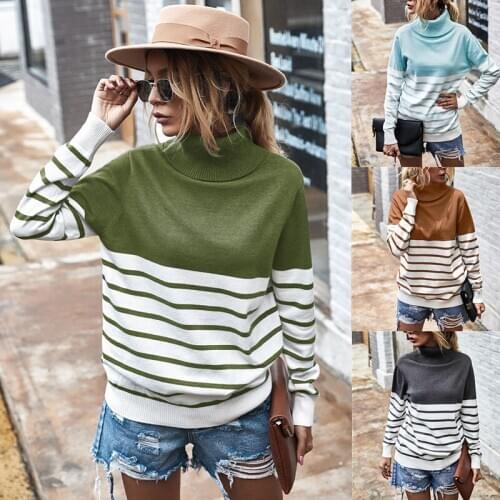 Autumn winter women knitting sweater turtleneck and stripe and color matching ladies outerwear warm and fashion femal streetwear