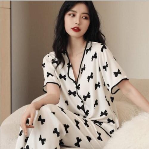 Pajamas for Women 2021 Fashion Silk Pajamas Womens Suit Plus Printing Casual Ice Silk Home Short-sleeved Trousers Home Service