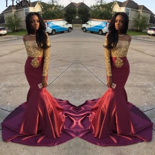 Burgundy Off the Shoulder Mermaid Prom Dress Silk Satin Gold Lace Custom African Formal Party Gowns Sweep Train Robe de Soiree