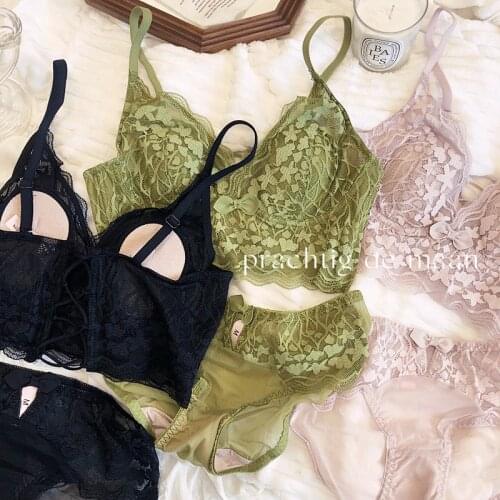 Sexy Full Lace Women Underwear Seamless Young Girls Bra Panties Comfortable Lingerie Vest Ultrathin Bralette Set Intimate Sleep