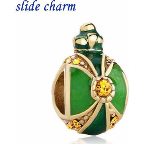 Slide charm Free shipping green enamel kettle gilt egg yellow crystal charm beads fit Pandora bracelet