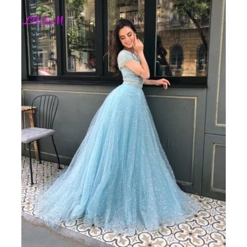 Blue Glitters Beaded Prom Dresses O-Neck Short Sleeves Two Pieces Evening Dress A-Line Long Tulle Princess Party Gowns