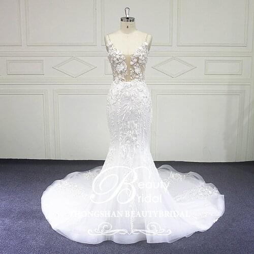 Illusion Mermaid Wedding Dress see-through Bridal Gown Spaghetti Sleeve Bridal Wedding Gown Chapel Train Wedding Dress XF18021