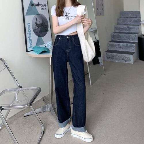Womens pants traf 2021 new dark high waisted slim stretch pants versatile college style straight jeans womens fashion