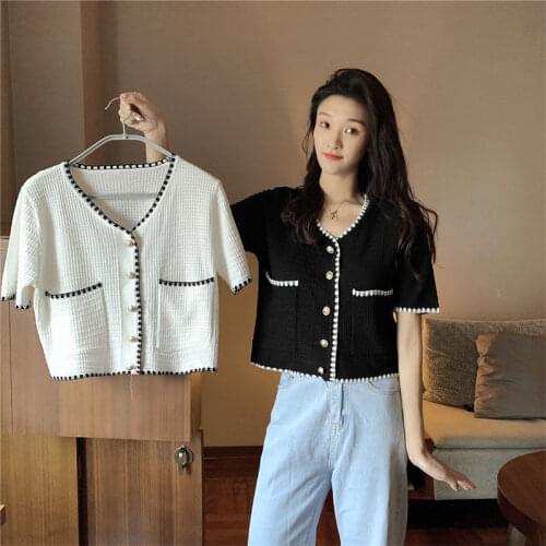 Woman TShirts Summer Womens Black Knitwear Short Sleeve Top Lady Cardigan Crop Top Mujer Camisetas