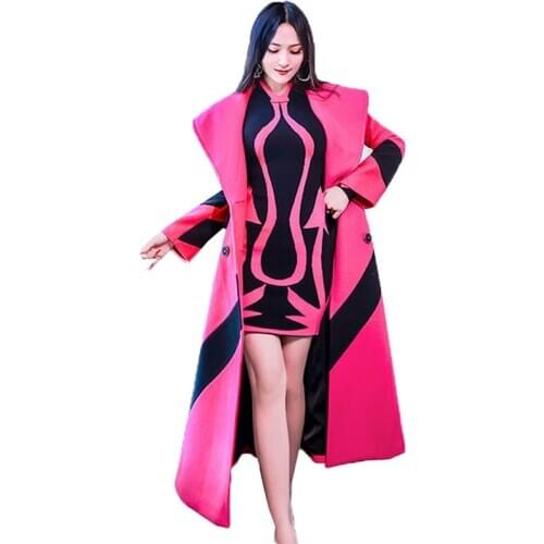 Winter Woolen Coat Women Fashion Mid-length Temperament Stripe Plus Cashmere Wool Coat Female Casual Large lapel Outerwear R724