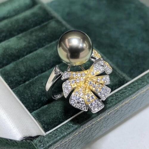 D512 Pearl Ring Fine Jewelry 925 Sterling Silver Round 11-12mm Nature Sea Water Tahiti Black Pearls Rings for Women Presents