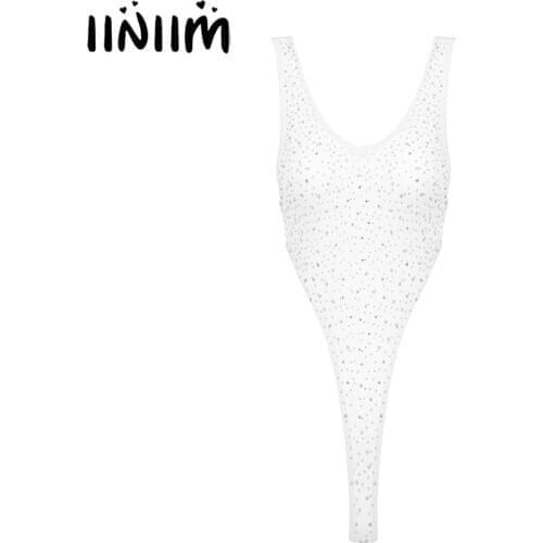 Women Lingerie Bodysuits Scoop Neck Sleeveless Rhinestone Bodysuit High Cut Leotard Teddies Bodycon Jumpsuit One Piece Swimsuit